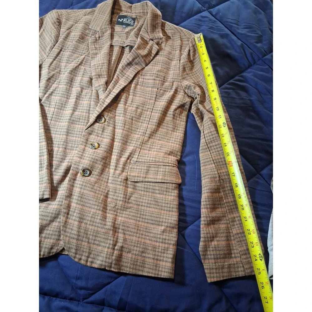 Rude XXX‎ Mens Brown Plaid Blazer Jacket with Elbow Patches Size Medium Academic
